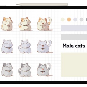 May include: Digital illustration on a tablet screen featuring cartoon male cats in different poses. The cats are coloured in shades of orange, white, and grey, with a simple collar. The text "Male cats" is also visible.
