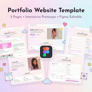 May include: A digital portfolio website template with a light purple and pink color scheme. The design includes five pages, interactive elements, and is Figma editable. The template features sections for featured projects, about me, and a contact form.