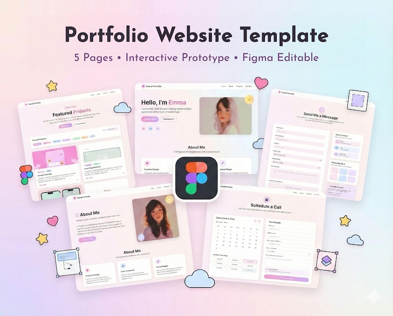 May include: A digital portfolio website template featuring five pages, an interactive prototype, and Figma editable files. The layout displays light pink and white interface designs with project showcases, contact forms, and scheduling calendars.