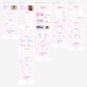 May include: A digital portfolio website template featuring five distinct page layouts with a soft pink color scheme. The sections include Kawaii Portfolio, About Me, Featured Projects, Send Message, and Schedule Call, displaying text and UI elements.