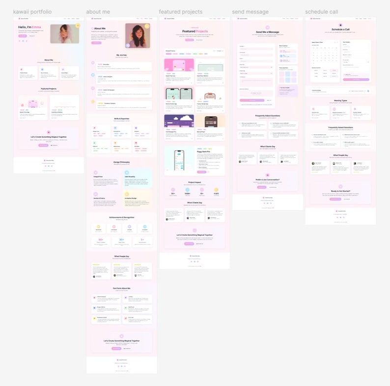 May include: A digital portfolio website template featuring five distinct page layouts with a soft pink color scheme. The sections include Kawaii Portfolio, About Me, Featured Projects, Send Message, and Schedule Call, displaying text and UI elements.