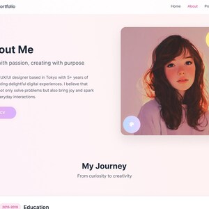 May include: A website interface titled Kawaii Portfolio featuring an About Me section with text describing a UX/UI designer named Emma. The page includes a portrait of a person with long brown hair, a Download CV button, and navigation links.