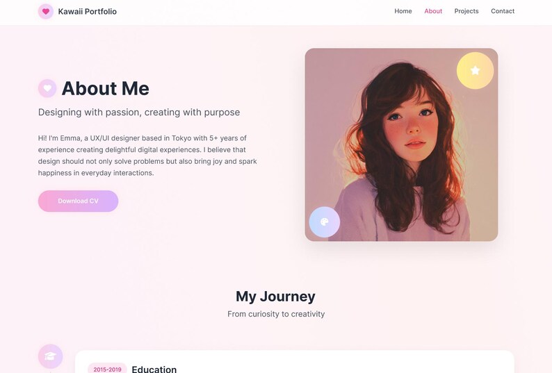 May include: A website interface titled Kawaii Portfolio featuring an About Me section with text describing a UX/UI designer named Emma. The page includes a portrait of a person with long brown hair, a Download CV button, and navigation links.