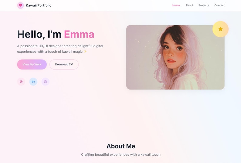 May include: A website interface titled Kawaii Portfolio featuring the text Hello, I'm Emma, a UX/UI designer. The layout includes a navigation bar, a portrait of a person with light purple hair, buttons labeled View My Work and Download CV, and an About Me section.