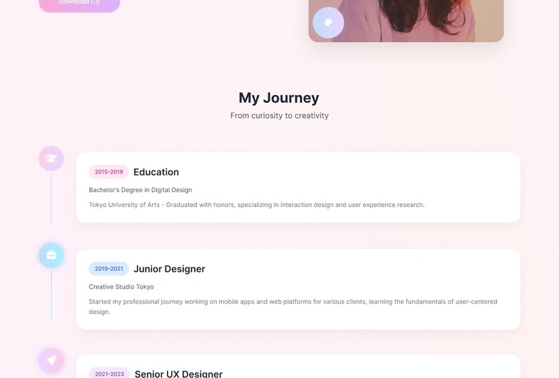 May include: A digital professional portfolio layout titled My Journey with the subtitle From curiosity to creativity. It features a vertical timeline with sections for Education, Junior Designer, and Senior UX Designer, including dates and text.