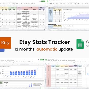 Könnte beinhalten: Eine digitale Etsy Stats Tracker-Tabelle für Google Sheets. Das Bild zeigt mehrere Diagramme und Tabellen mit Daten, darunter Anzeigenleistung, Umsatz und Verkaufsdaten. Das Etsy-Logo und das Google Sheets-Logo sind ebenfalls sichtbar.