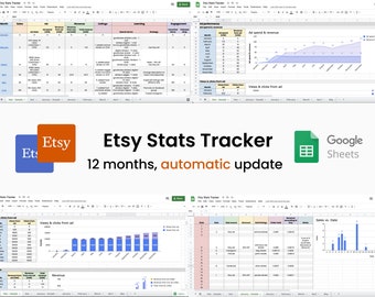 May include: A digital Etsy Stats Tracker spreadsheet for Google Sheets. The image shows multiple charts and tables displaying data, including ad performance, revenue, and sales data. The Etsy logo and Google Sheets logo are also visible.