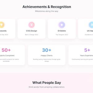 May include: A digital graphic display titled Achievements & Recognition featuring eight white rectangular cards. The top row shows awards from Awwwards, CSS Design, Dribbble, and UX Awards. The bottom row lists 50+ Projects Completed, 30+ Happy Clients, and 5+ Years Experience.