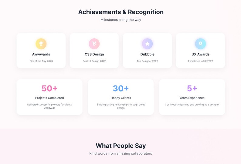May include: A digital graphic display titled Achievements & Recognition featuring eight white rectangular cards. The top row shows awards from Awwwards, CSS Design, Dribbble, and UX Awards. The bottom row lists 50+ Projects Completed, 30+ Happy Clients, and 5+ Years Experience.