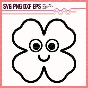 Trébol de la suerte SVG PNG DXF, linda imagen vectorial de trébol de la suerte kawaii, clipart de trébol de 4 hojas, diseño de sublimación de trébol de la suerte, archivo de corte de trébol