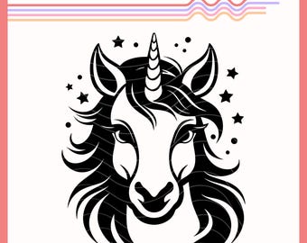 Puede incluir: Silueta en blanco y negro de la cabeza de un unicornio con un cuerno y una melena fluida. El unicornio está rodeado de pequeñas estrellas.