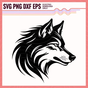 Op de afbeelding: Zwart-witte silhouet van een wolfskop die naar rechts kijkt. De wolf heeft een scherpe, puntige neus en een woeste uitdrukking.