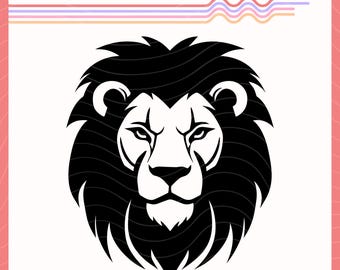 May include: Black and white silhouette of a lion's head with a thick mane.