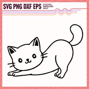 May include: A black and white line drawing of a cartoon cat stretching with its tail curled up. The cat has large eyes and a small nose.