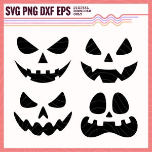 Op de afbeelding: Vier zwart-witte pompoen gezichtsontwerpen voor Halloween. De ontwerpen zijn eenvoudig en gemakkelijk uit te knippen.