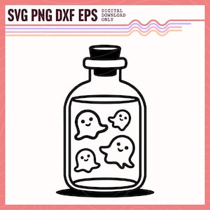 May include: A black and white line drawing of a glass bottle with a cork stopper. Inside the bottle are four ghosts with smiling faces.