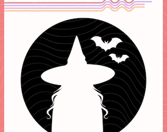 Witch Silhouette SVG, Witch Vector Design, Witch with Bats, Witch Moon Bats Clipart, Witch Sublimation Design, Witch Cut File