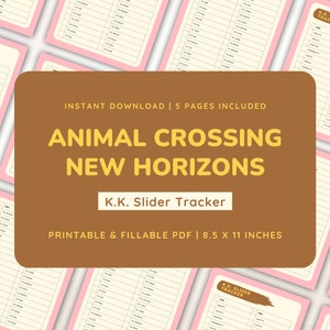 以下が含まれることがあります： あつまれ どうぶつの森: New Horizons 用の K.K. スライダー トラッカーを印刷できます。トラッカーは、ピンクと白の印刷可能な PDF で、茶色のヘッダーには「インスタント ダウンロード | 5 ページ付属」と「あつまれ どうぶつの森 New Horizons K.K. スライダー トラッカー 印刷可能 & 塗りつぶし可能 PDF | 8.5 x 11 インチ」と記載されています。