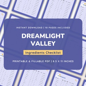 Dreamlight Valley Planner | Ingredient Checklist | Dreamlight Valley Printable + Fillable PDF Digital Download