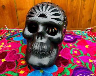 Black Mexican Clay Skull, Calavera Barro Negro, Mexican Black Pottery