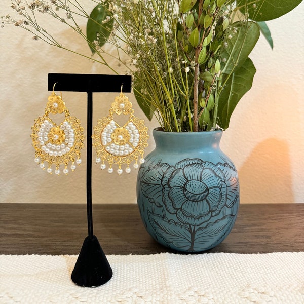 Mexican Filigrana Gold Plated Pearl Earrings