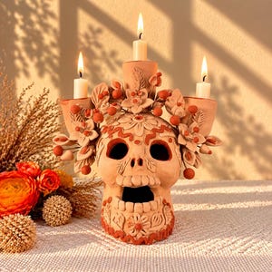 Handmade Oaxaca Clay Skull Candleholder & Luminaria | Mexican Folk Art