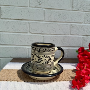 Talavera mug and saucer, Taza artesanal, Barro mug and saucer