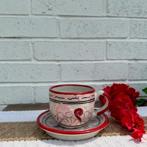 Pink Talavera Mug and saucer, Taza artesanal estilo Talavera