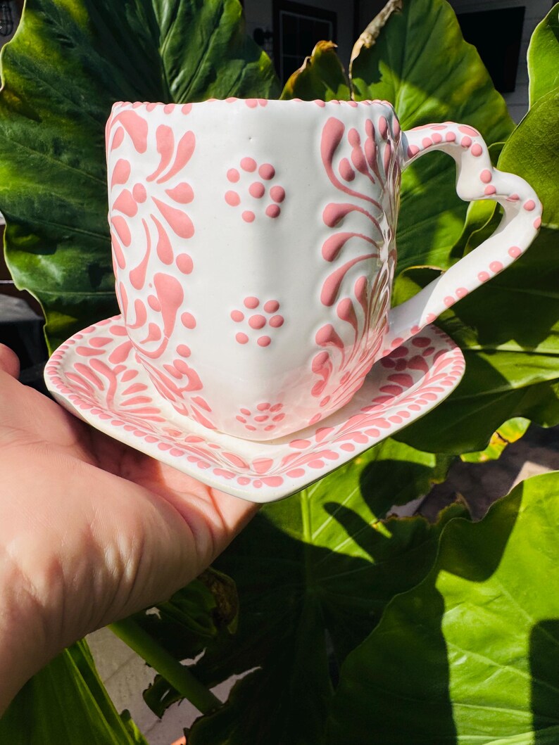 Black Talavera Mug and saucer, Pink Talavera Mug and saucer