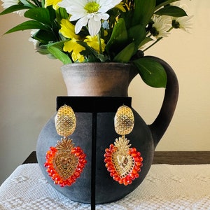 Mexican Artesanal Earrings, Gold Plated Heart Earrings
