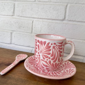 Pink Talavera Mug and saucer, Taza artesanal estilo Talavera