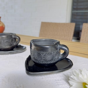Black Clay Mug and Saucer from Oaxaca, Barro Negro Heart plate and heart mug