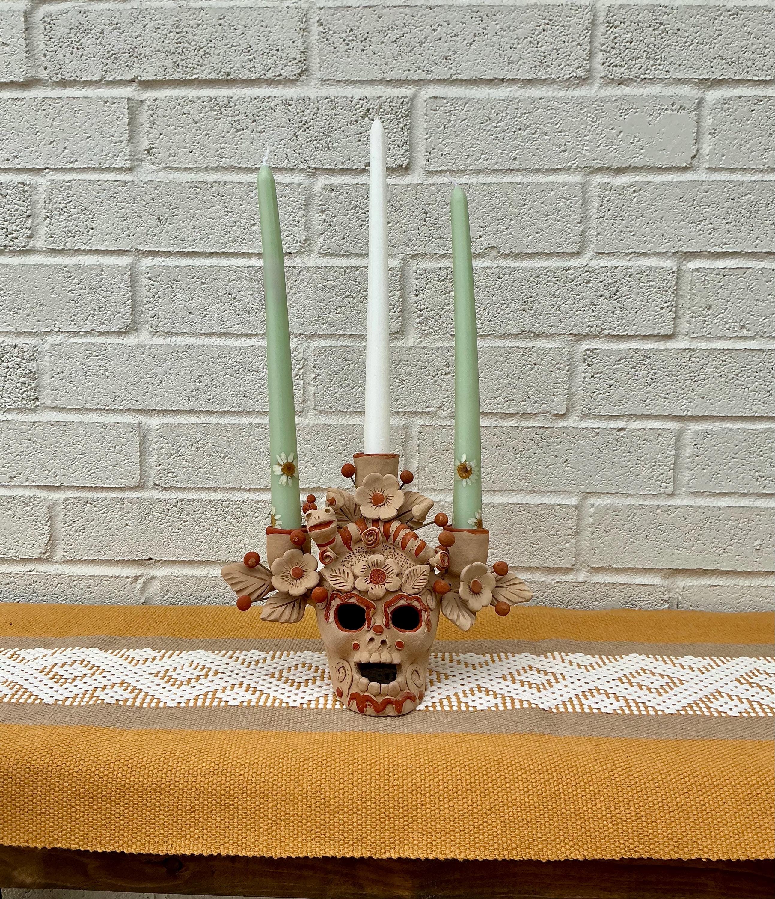 Atzompa Clay Skull Candleholder, Barro Bordado Oaxaca, Filigrana Clay Skull
