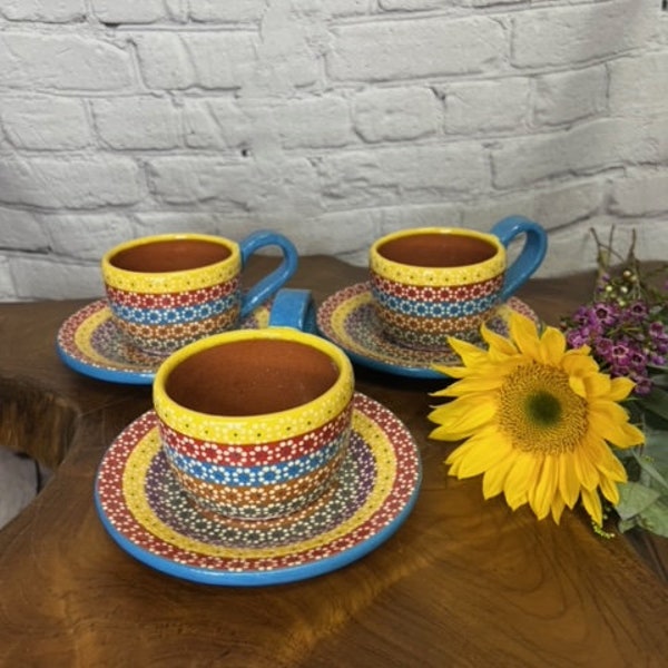 Capula Mexican Clay Mug and Saucer, Mexican Capula Pottery Cup and Saucer