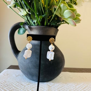 Mexican Artesanal Earrings, Gold Plated Pearl Earrings