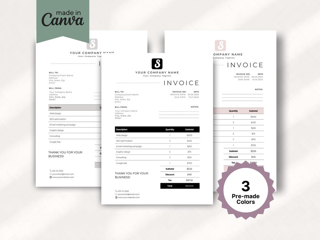 Editable Canva Invoice Template Bundle (3 Colors, 2 Sizes) | Small ...