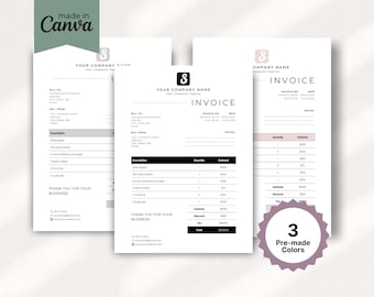 Editable Canva Invoice Template Bundle (3 Colors, 2 Sizes) | Small Business Billing Form | Printable Invoice