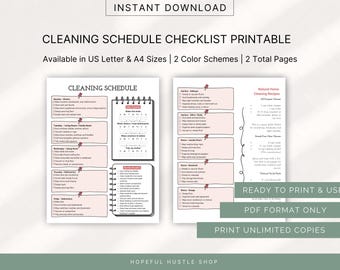 Schoonmaakchecklist, schoonmaakschema, afdrukbare dagelijkse, wekelijkse en maandelijkse planner, pdf, overzicht huishoudelijk werk