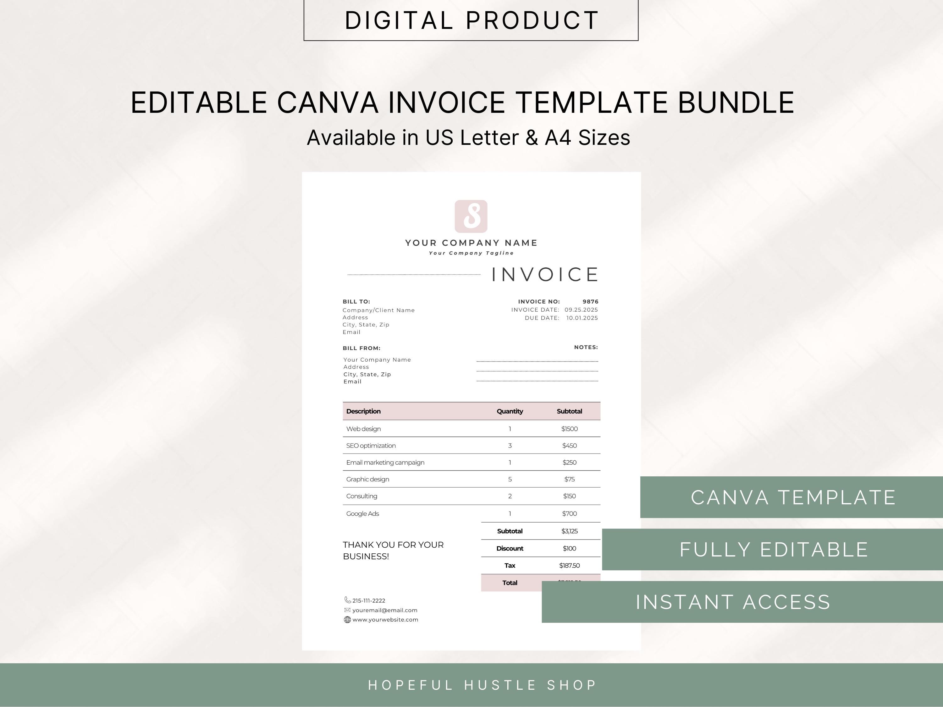 Editable Canva Invoice Template Bundle (3 Colors, 2 Sizes) | Small ...