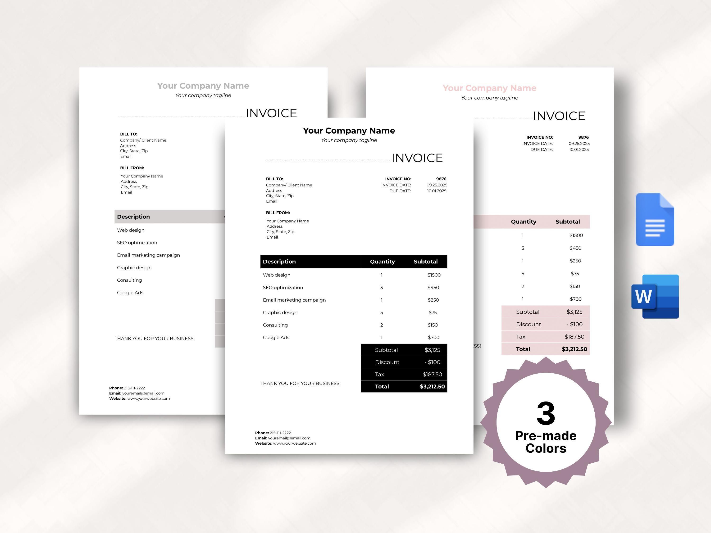 Editable Invoice Template Bundle (3 Colors, 2 Sizes) | Google Docs ...