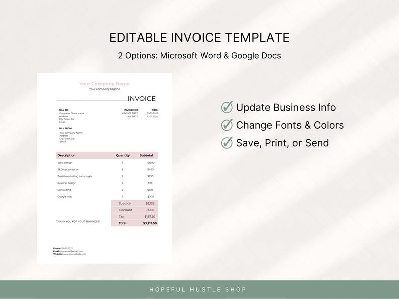 Editable Invoice Template Bundle (3 Colors, 2 Sizes) | Google Docs ...