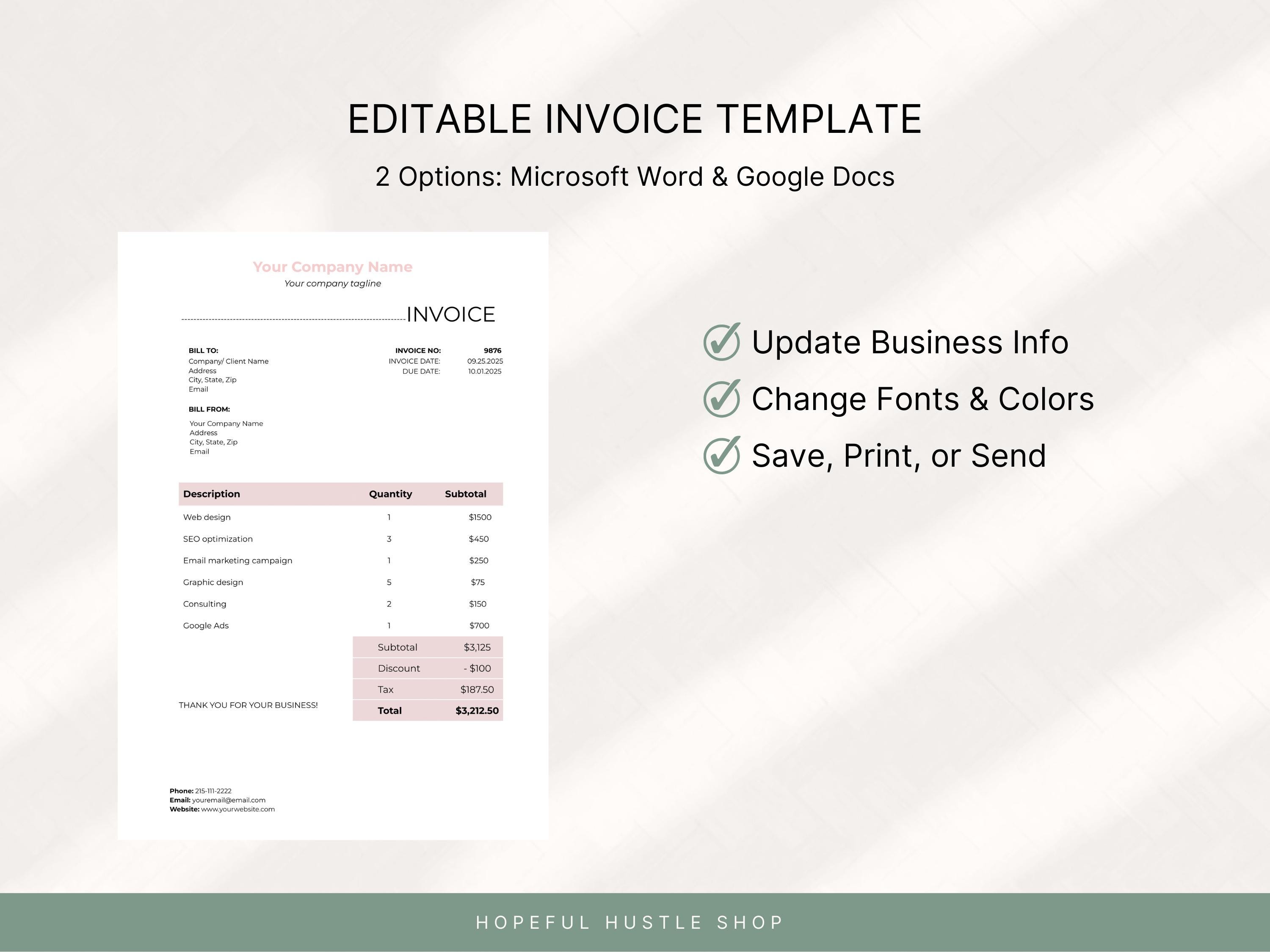 Editable Invoice Template Bundle (3 Colors, 2 Sizes) | Google Docs ...