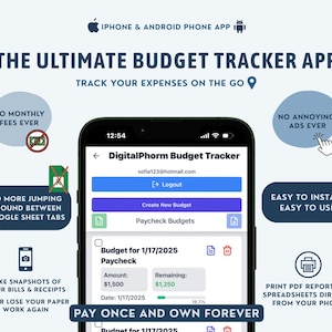 May include: A screenshot of a mobile phone app called "DigitalPhorm Budget Tracker". The app has a blue and white color scheme and features a budget tracker for a paycheck. The app allows users to create a budget, track their expenses, and view their remaining balance. The app also allows users to print PDF reports or spreadsheets directly from their phone.