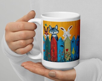 Woodland Friends Mug: Fox Hare Wolf Coffee Mug - Wooden fence design - Wildlife coffee mug - Rustic Fence Design