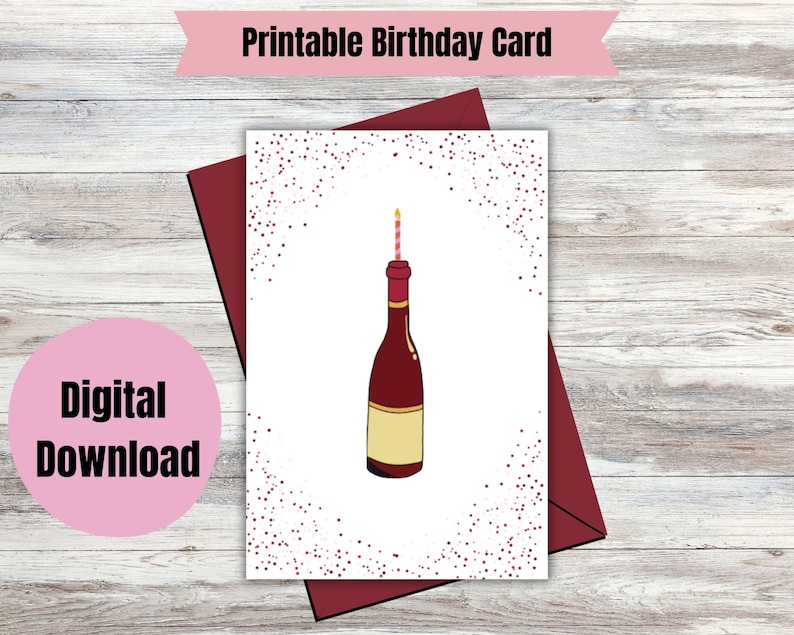 Printable Red Wine Birthday Card- Digital Birthday Card- Instant ...