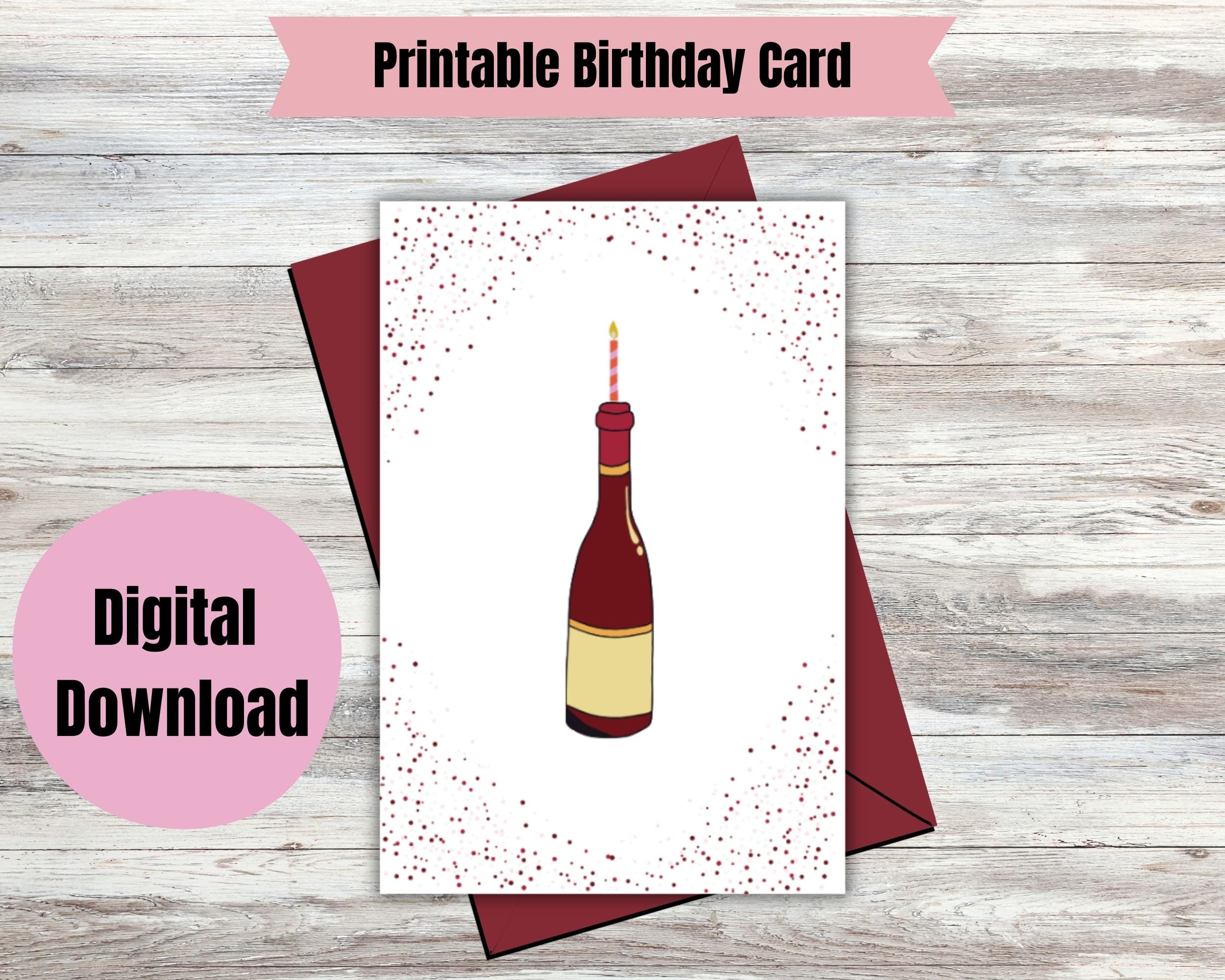 Printable Red Wine Birthday Card Digital Birthday Card Instant Download ...