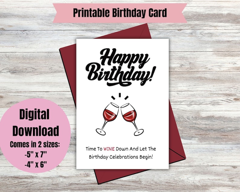 Printable Red Wine Birthday Card- Digital Birthday Card- Instant ...