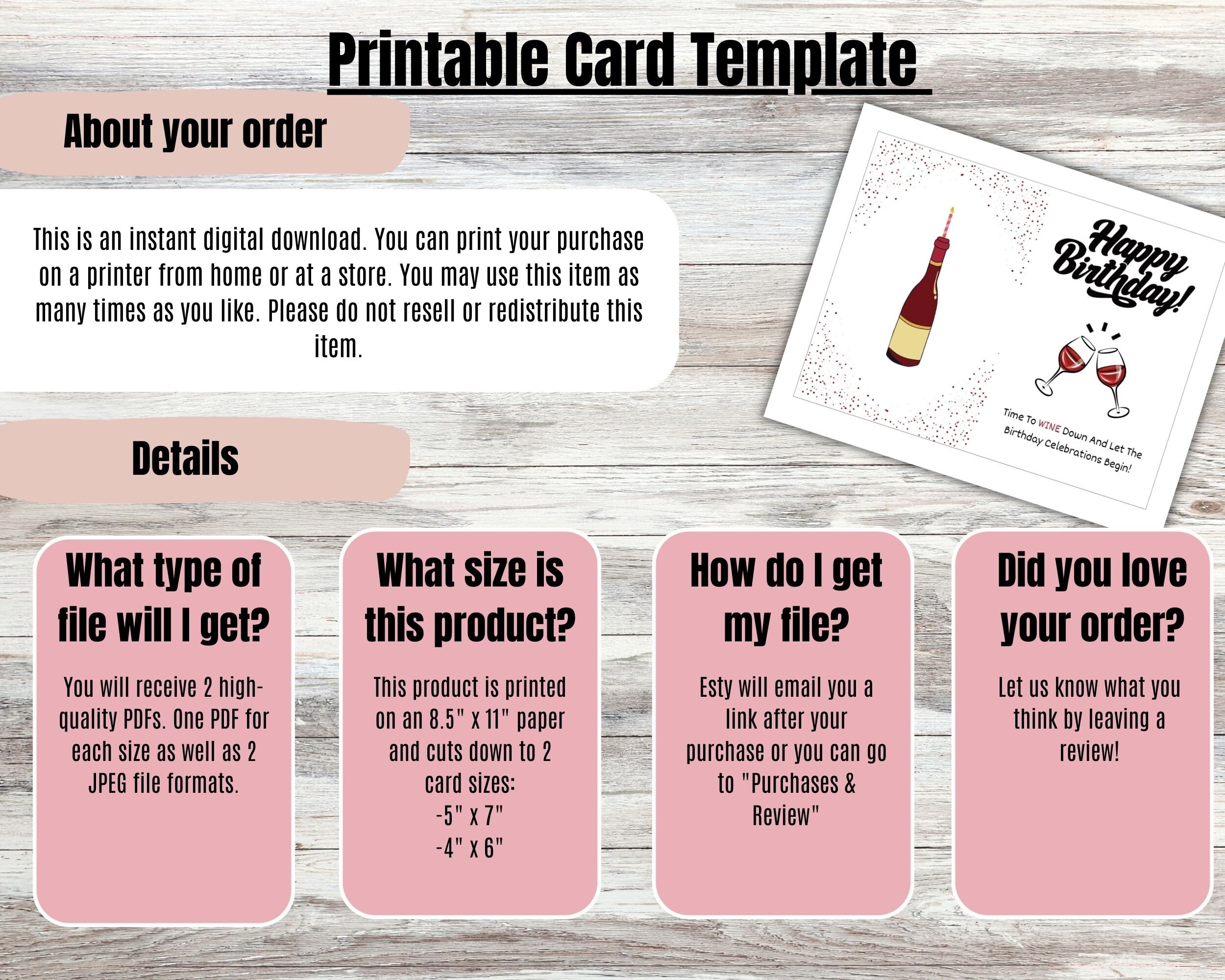 Printable Red Wine Birthday Card Digital Birthday Card Instant Download ...