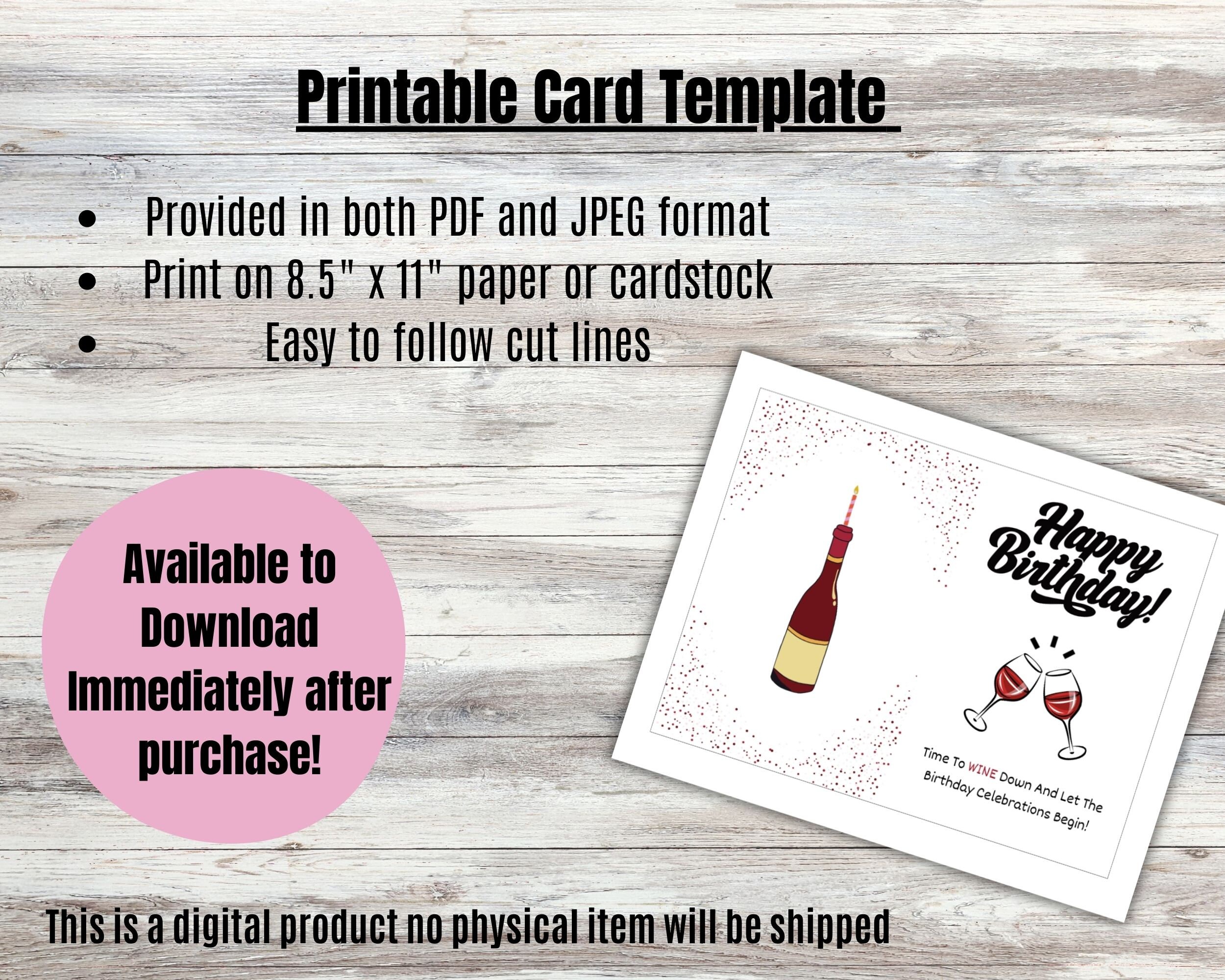 Printable Red Wine Birthday Card Digital Birthday Card Instant Download ...