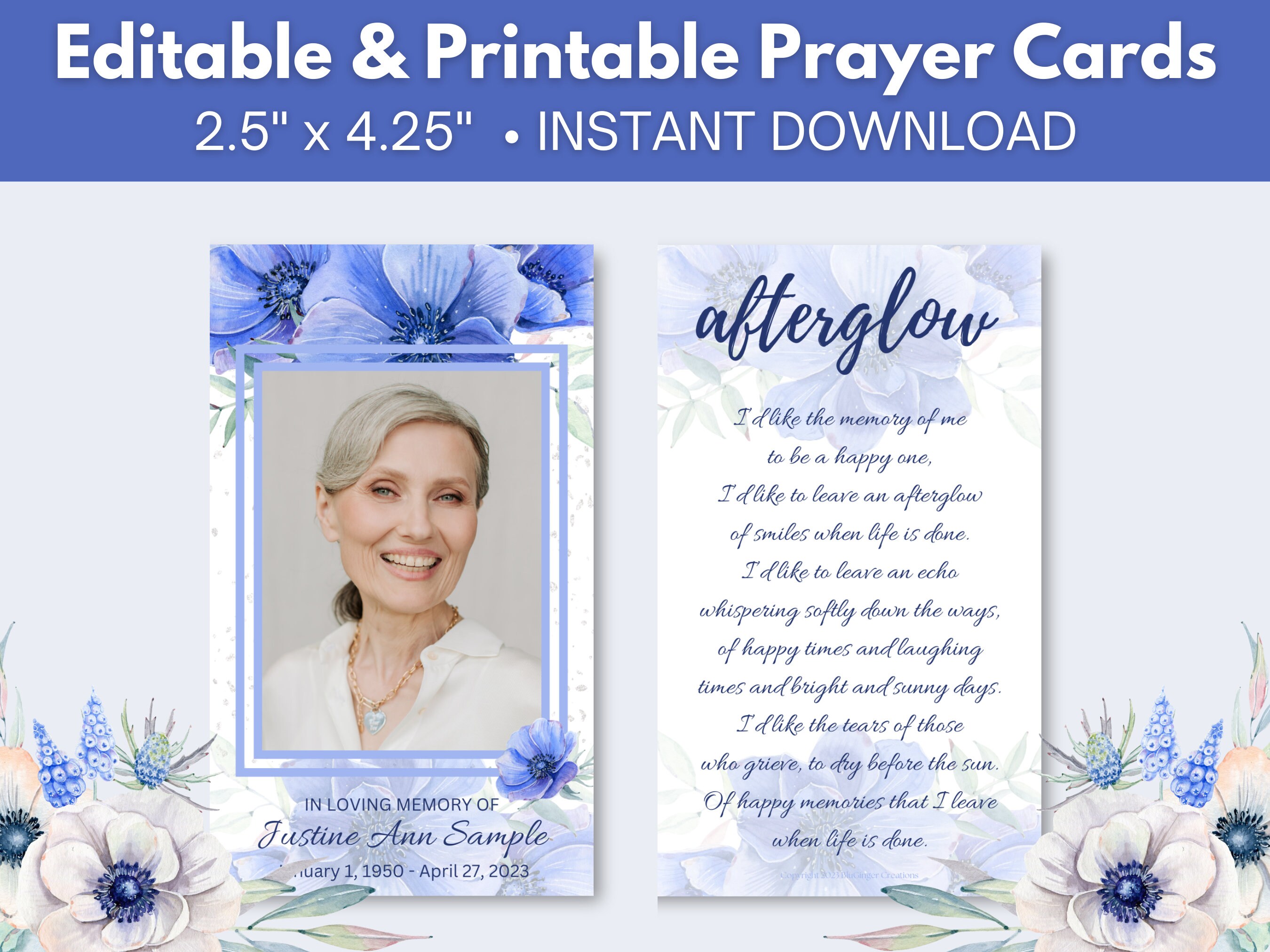 Blue Floral Funeral Prayer Card Template Memorial Keepsake digital 